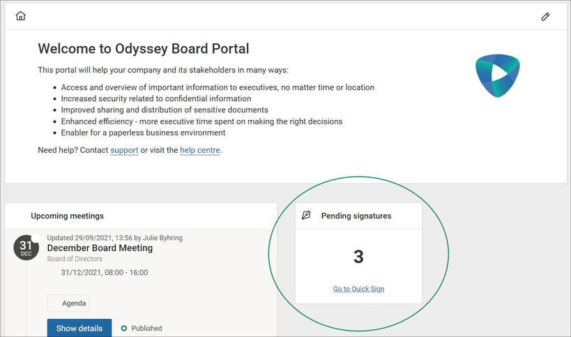 Pending signatures dashboard