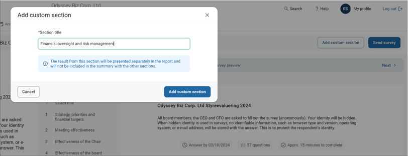 Enter a section title and select Add custom section