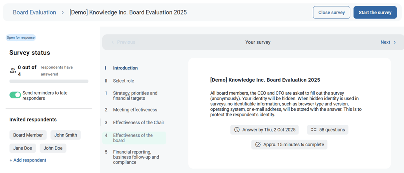 Select a survey and see status of responses under Survey status