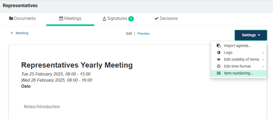 item numbering drop down menu