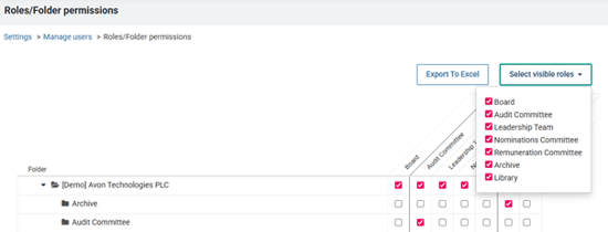 select visible roles inside folder permissions matrix