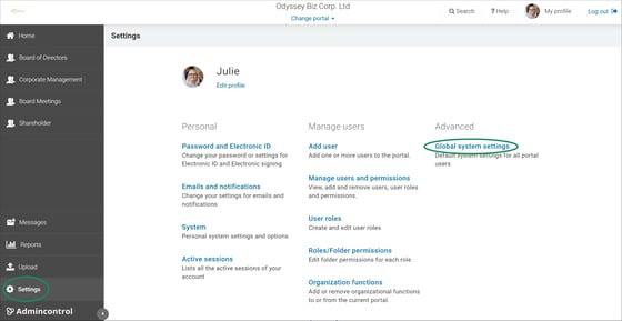 global system settings highlighted under settings