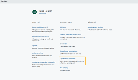 Organization functions option under settings