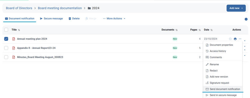 Choose one or multiple documents and Select More actions - Send document notification