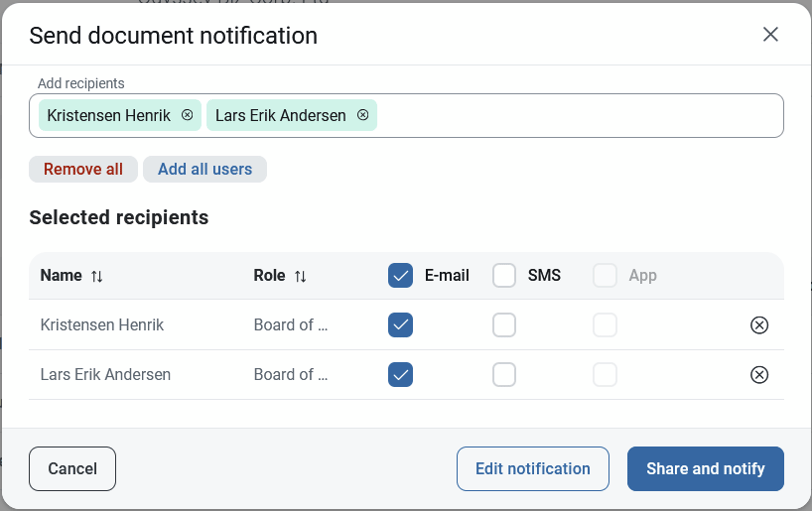 Send doucment notification window