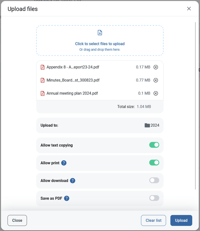 In the Upload files window select the document properties for documents that are to be uploaded