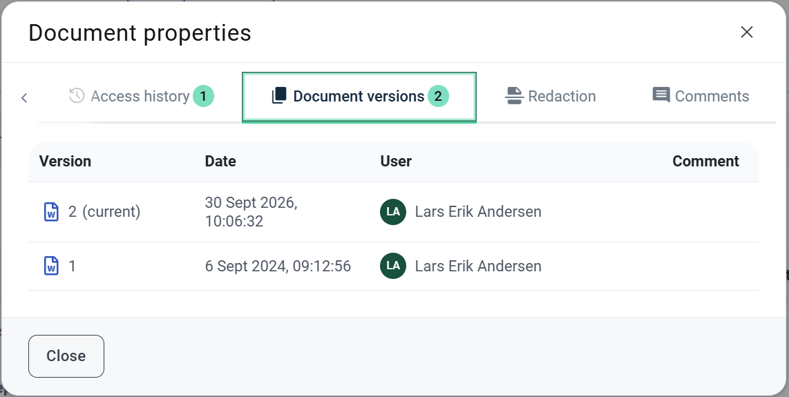 document versions list