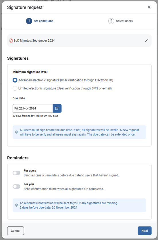 set conditions for signature request