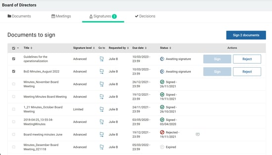 Documents to sign view