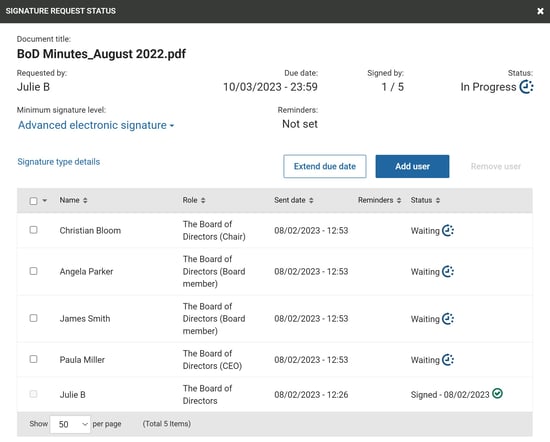 Request sign status window