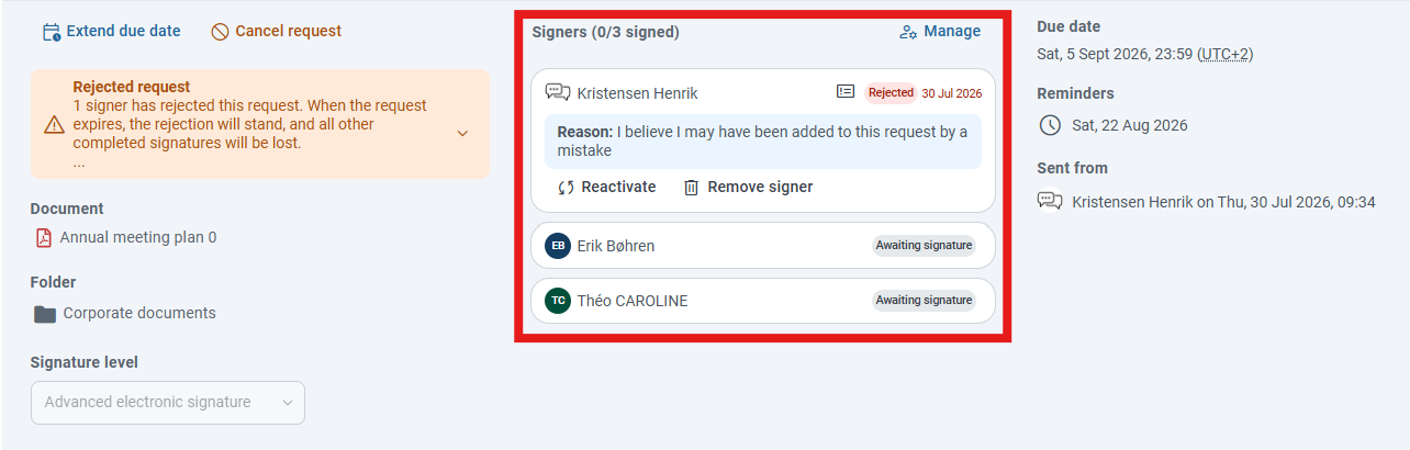 Accessing request details to see signers overview