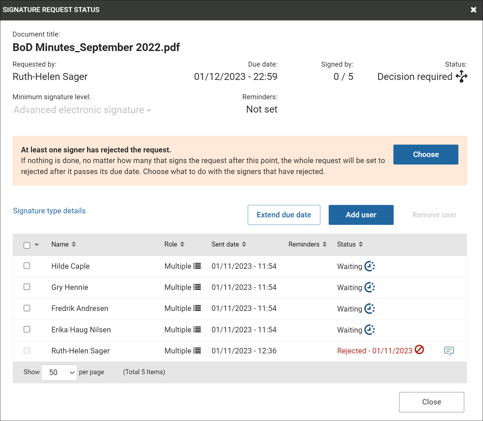 Signature request status