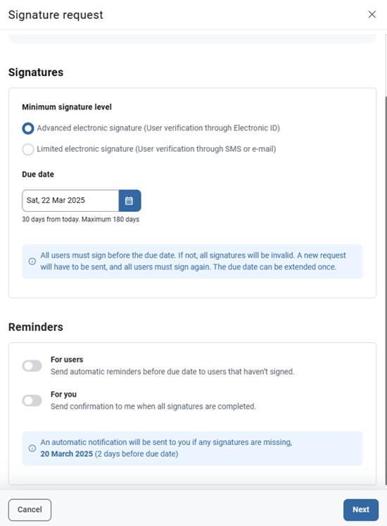 set signature level and reminders