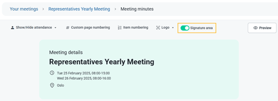 selecting signature area for minutes