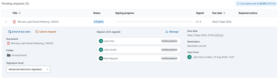 signature request status menu