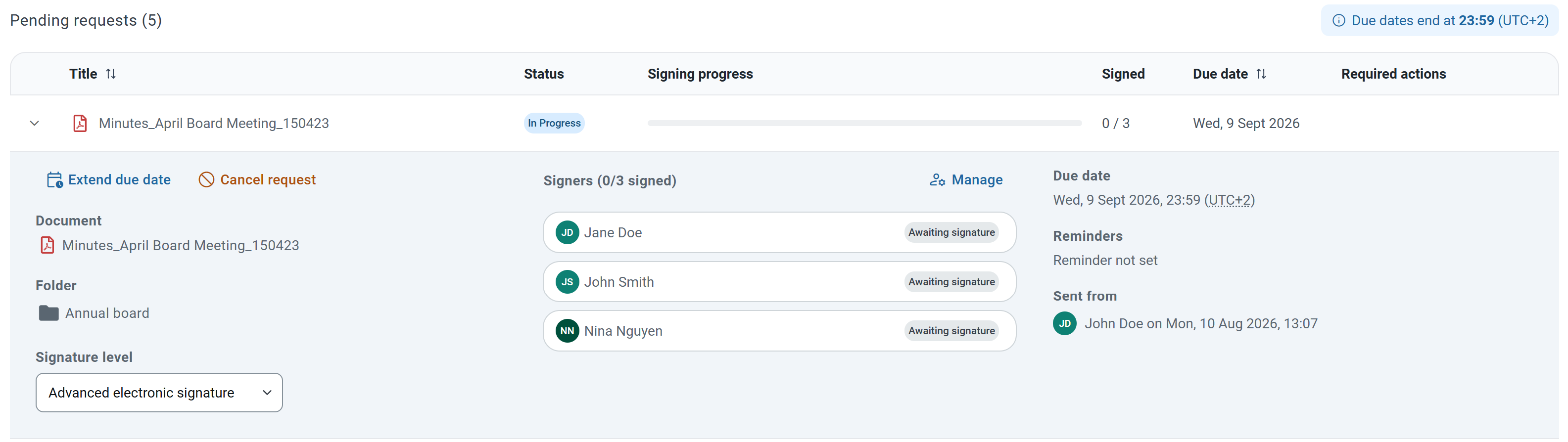 signature request status menu
