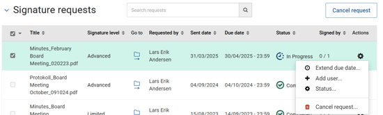 cancel request drop down menu