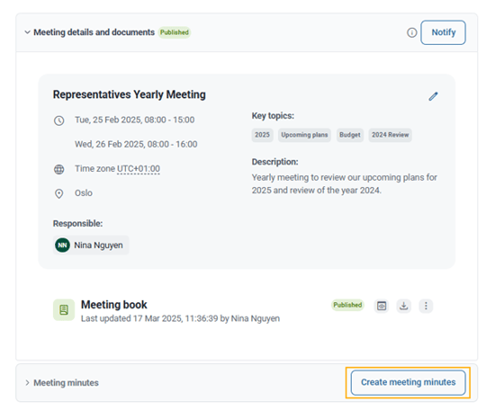 create meeting minutes button