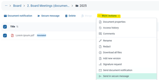 send in secure message drop down