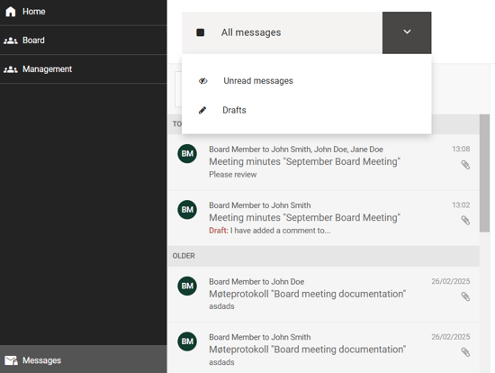 filter messages unread or draft