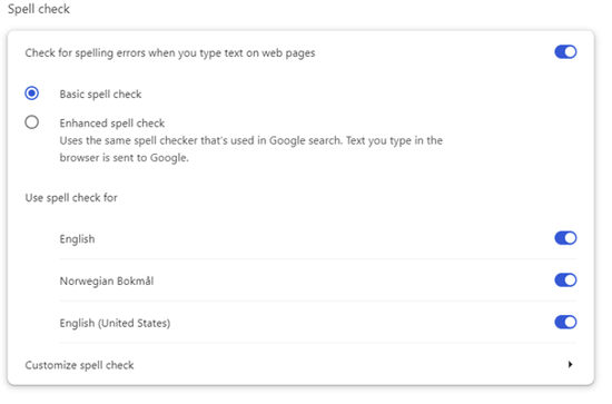 spell check settings in browser