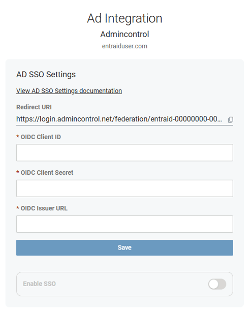 33. Log in to Admincontrol AD integration setup page