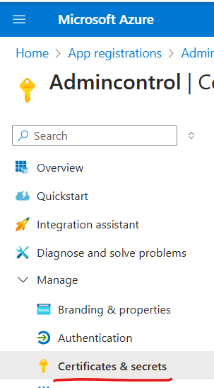 5. Click Certificates & secrets in the left menu, under the Manage section
