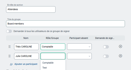 sélection d'une des fonctions d'organisation