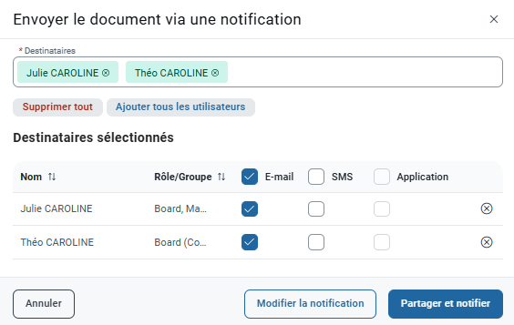 Choix utilisateur pour envoi notification