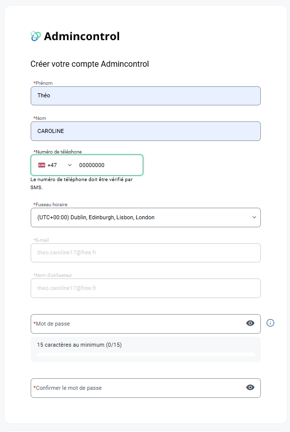 Page création de compte