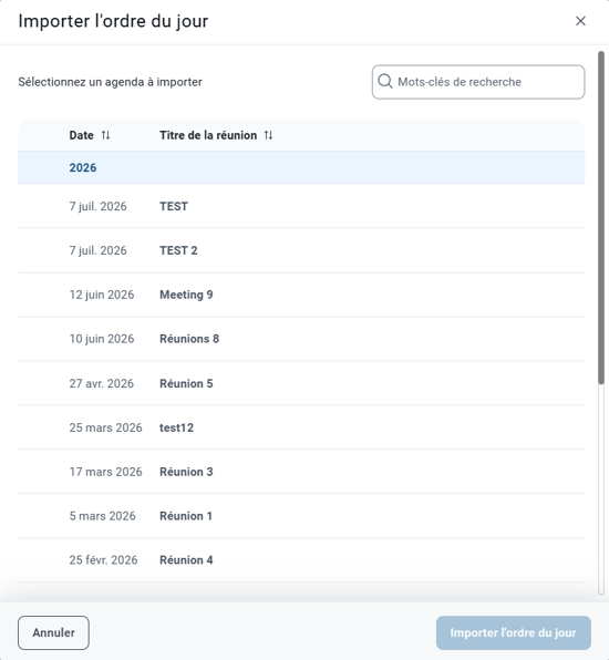Importer un ordre du jour
