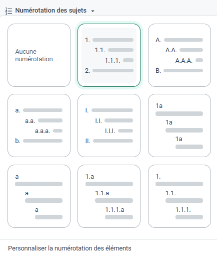 Sélectionner le style de numérotation des éléments