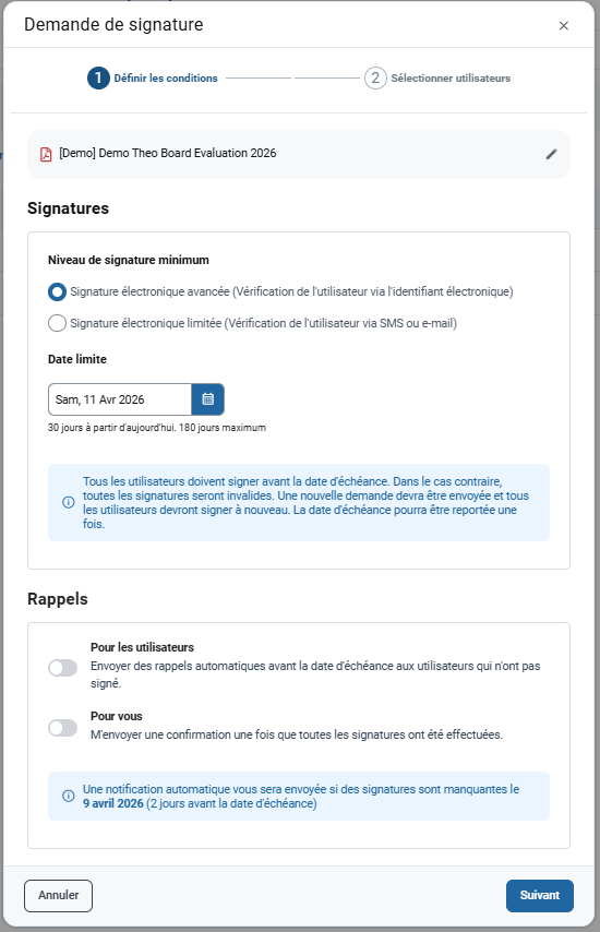 Définir les conditions de la demande