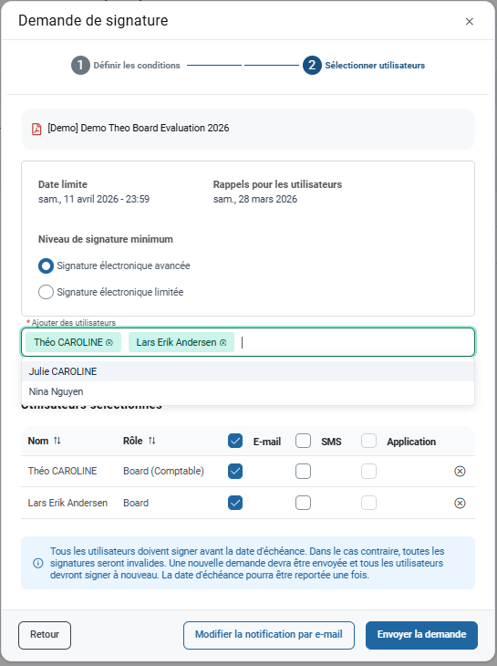 Sélectionner les utilisateurs pour la signature