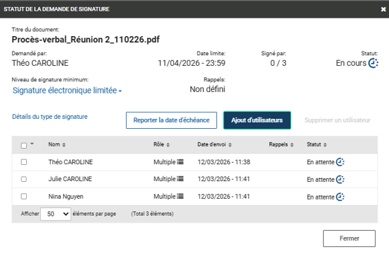Statut de la demandes de signature