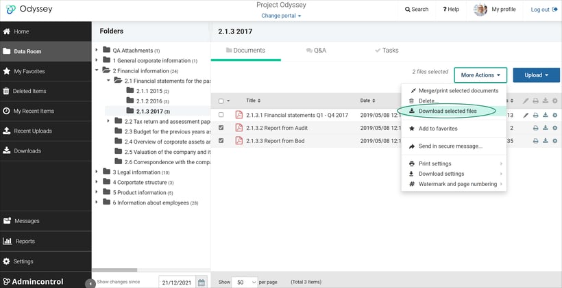 Download selected files dropdown view