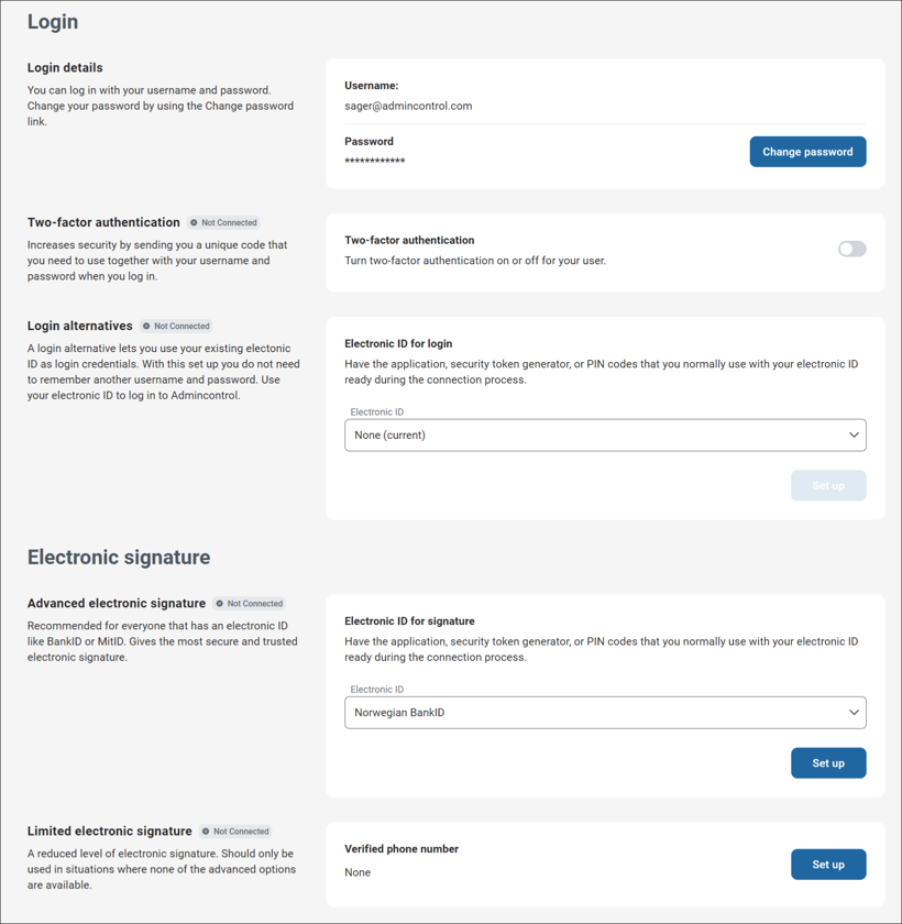 Settings Login and electronic ID