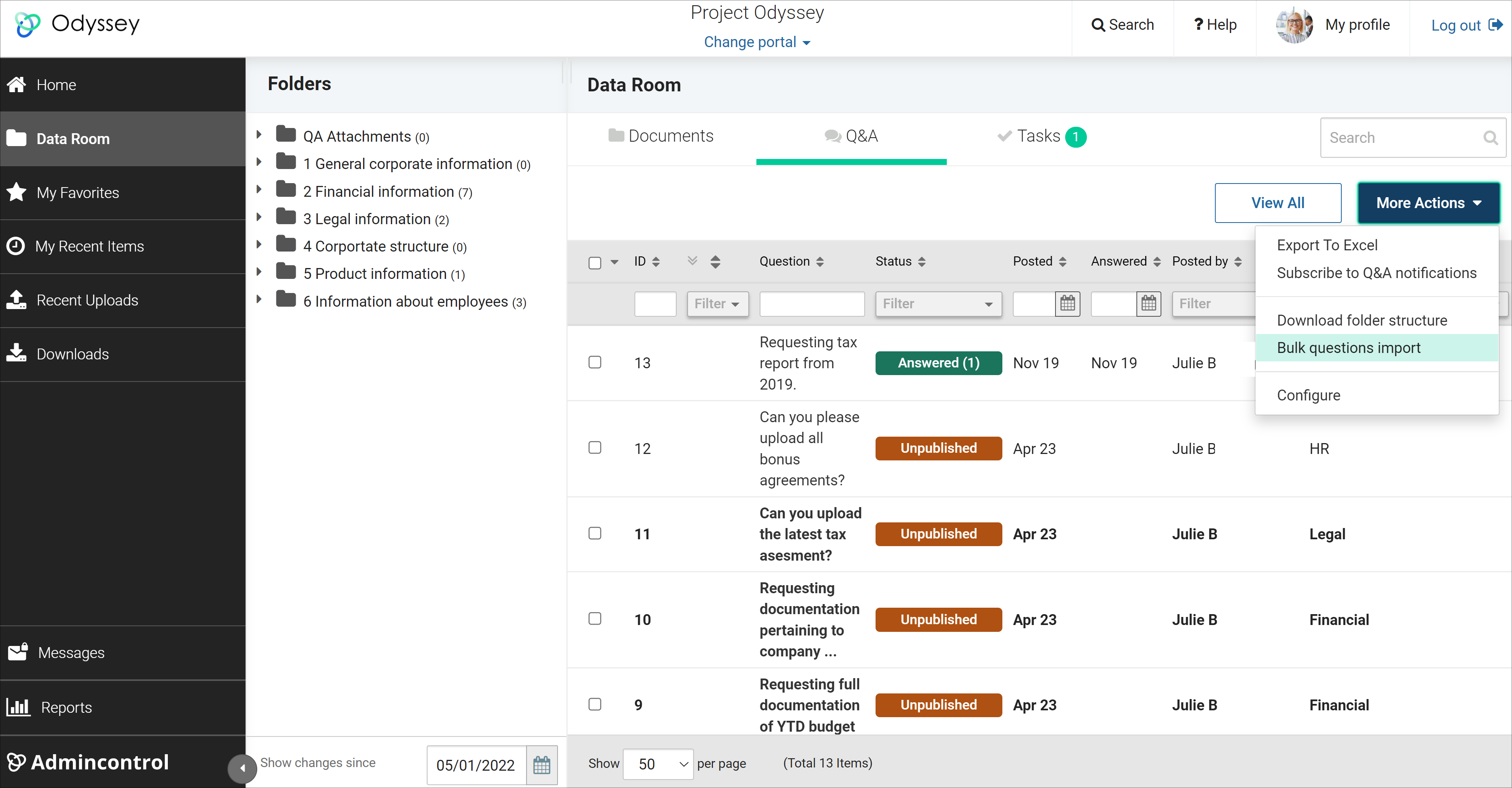 Bulk question import drop down