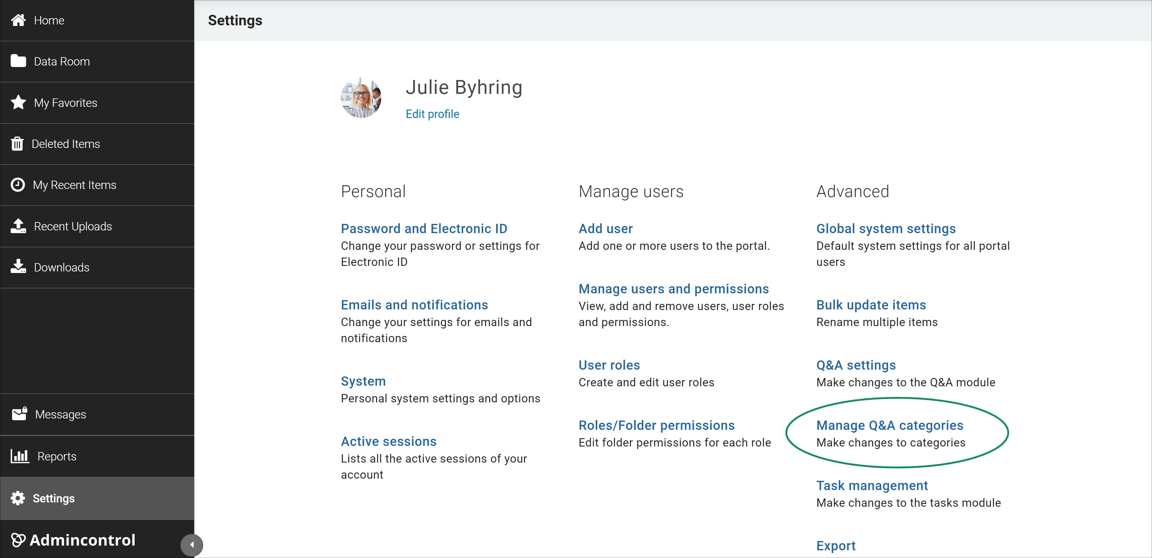 QA categories under settings