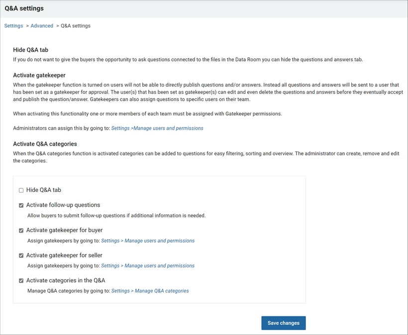 Select different QA settings