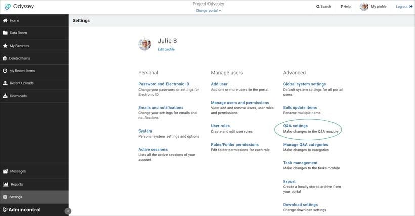QA settings under settings
