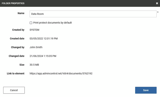 Information provided when pressing Folder properties