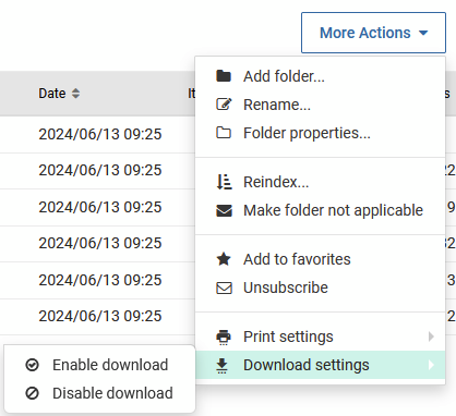 print and download settings drop down