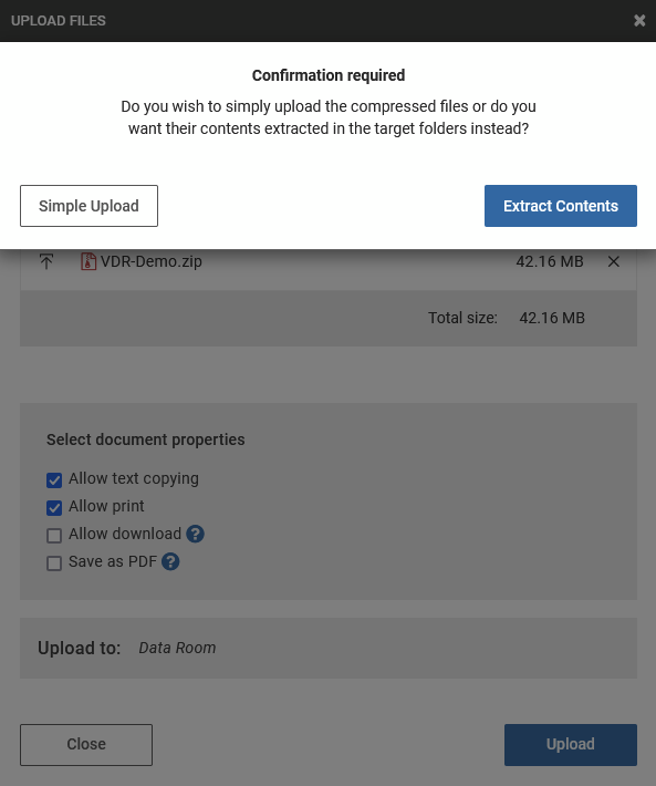 upload window after selecting zip folder give option between simple and extract