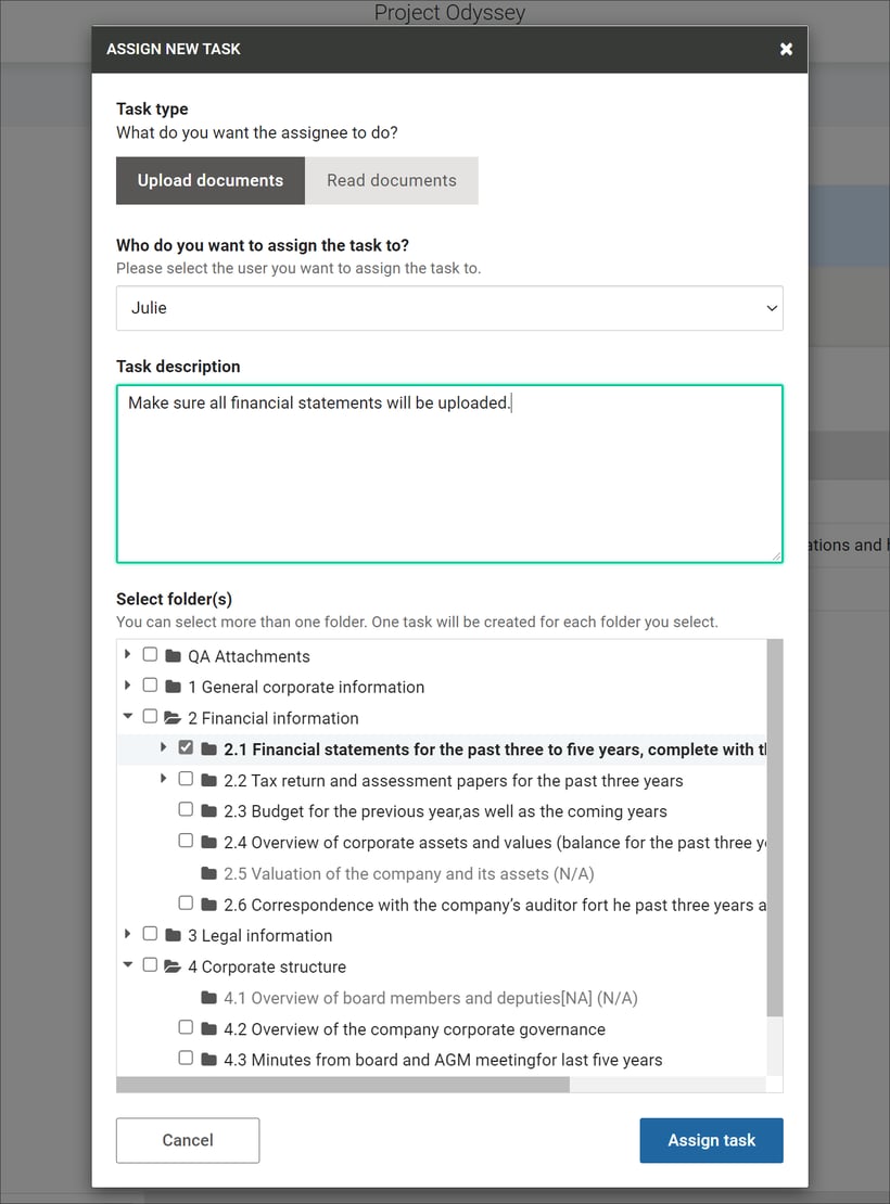 Assign tasks popup window