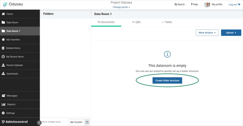 empty data room create folder structure button selected