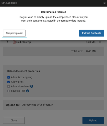 simple upload selected in upload window