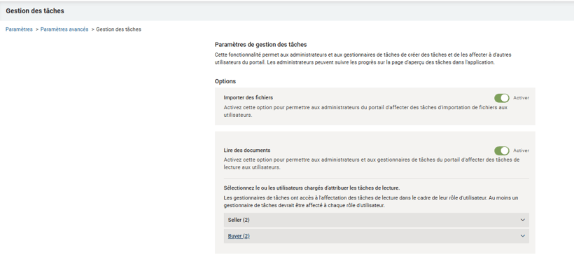 Paramètres de gestion des tâches
