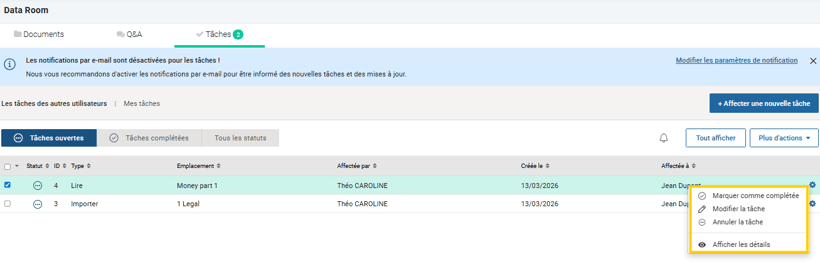 Options d'état des tâches
