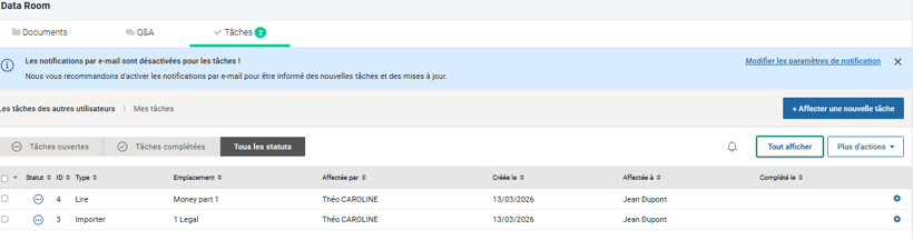 Aperçu de toutes les tâches